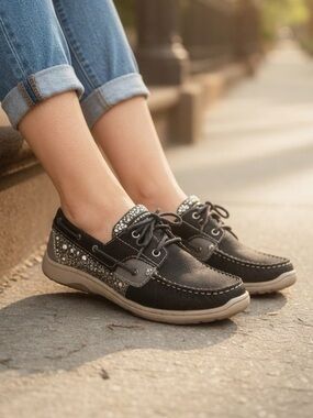 Black Silver Sparkling Shimmer Leather Boat Shoes Topsiders New